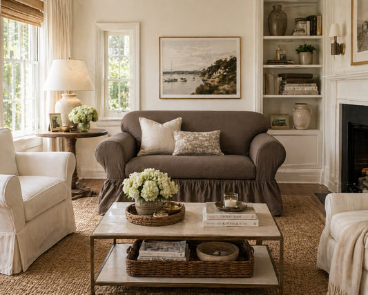Washed Cotton Duck Ruffled Two-Piece Loveseat Slipcover