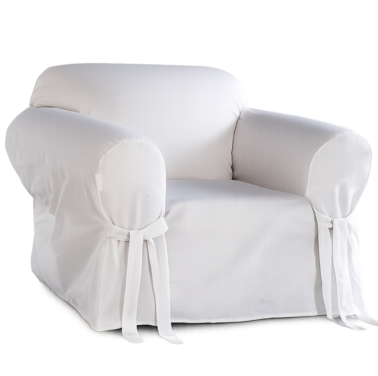White armchair covered with a fitted slipcover on a white background