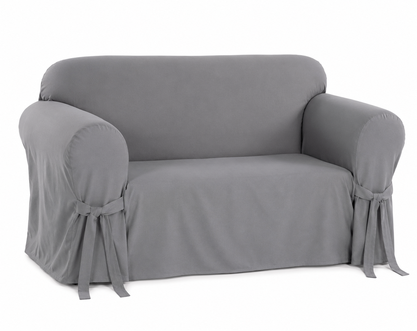 gray loveseat covered with a fitted slipcover on a white background
