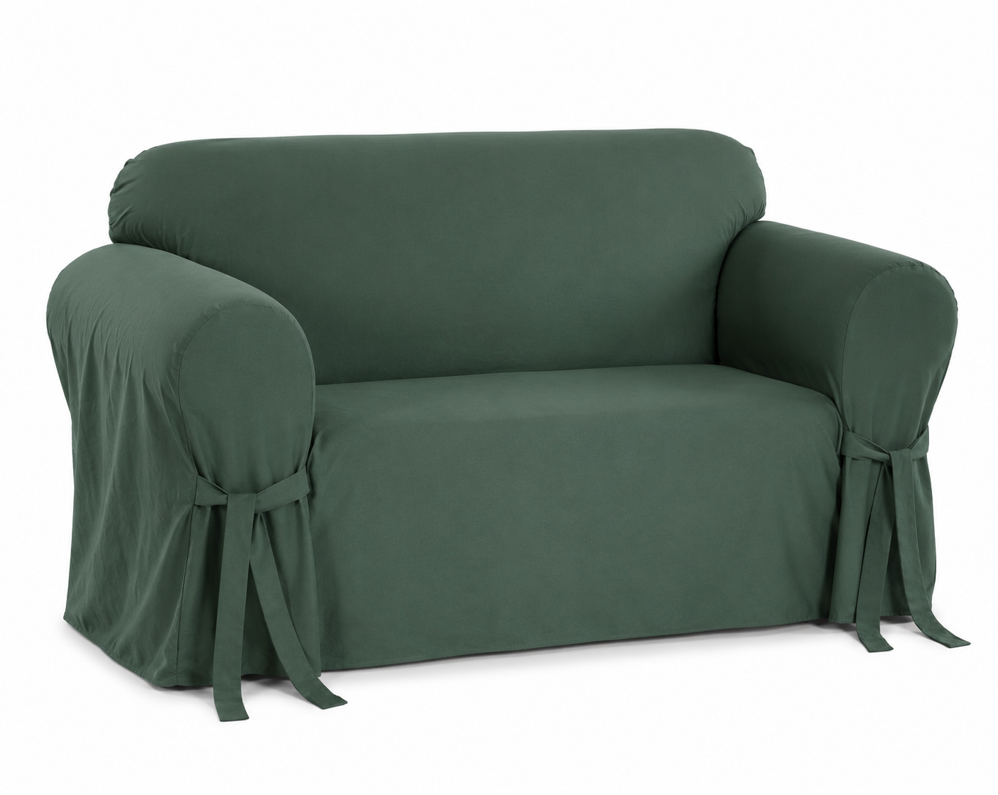 hunter green loveseat covered with a fitted slipcover on a white background