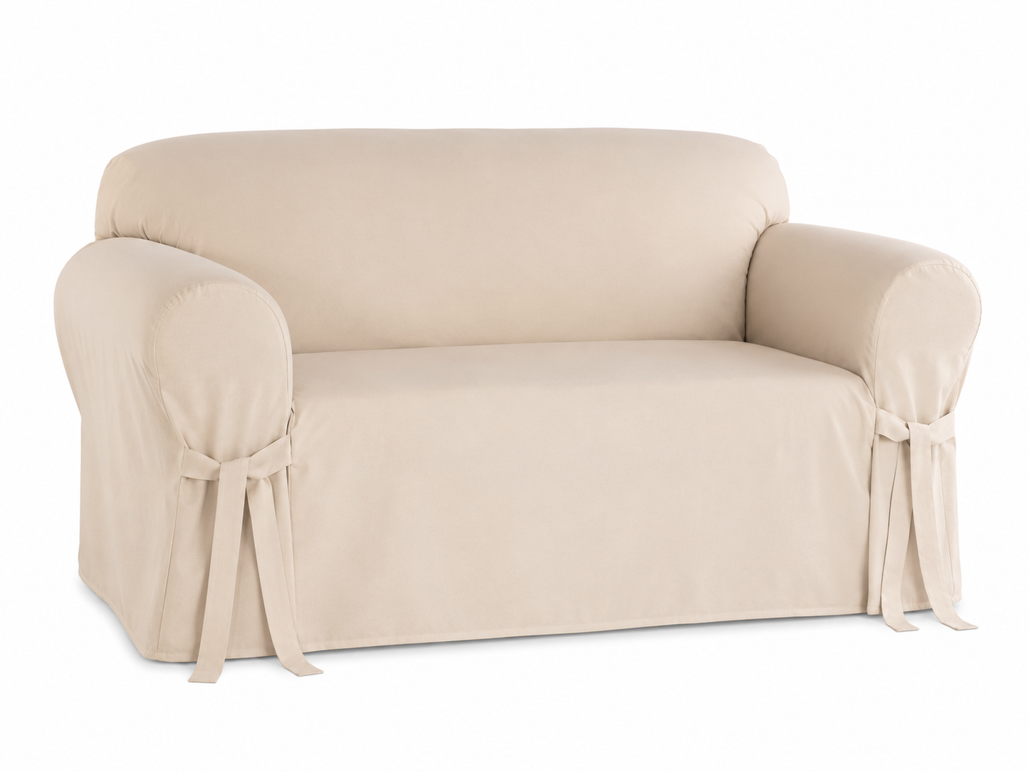 khaki loveseat covered with a fitted slipcover on a white background