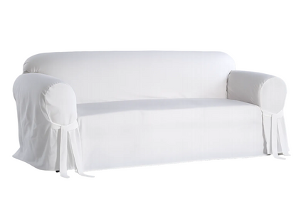 White sofa covered with a fitted slipcover on a white background