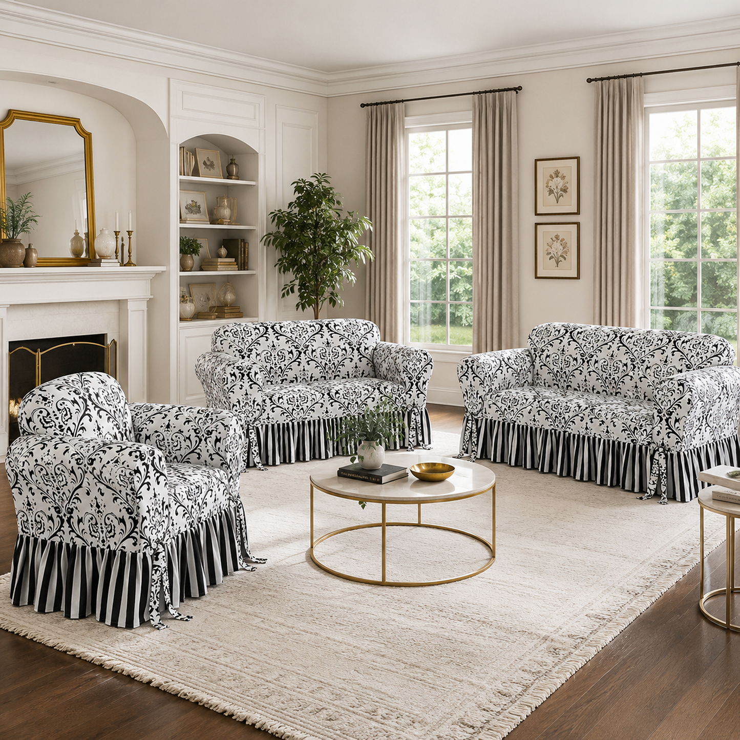 Damask/Stripe Ruffled Accent Chair Cover