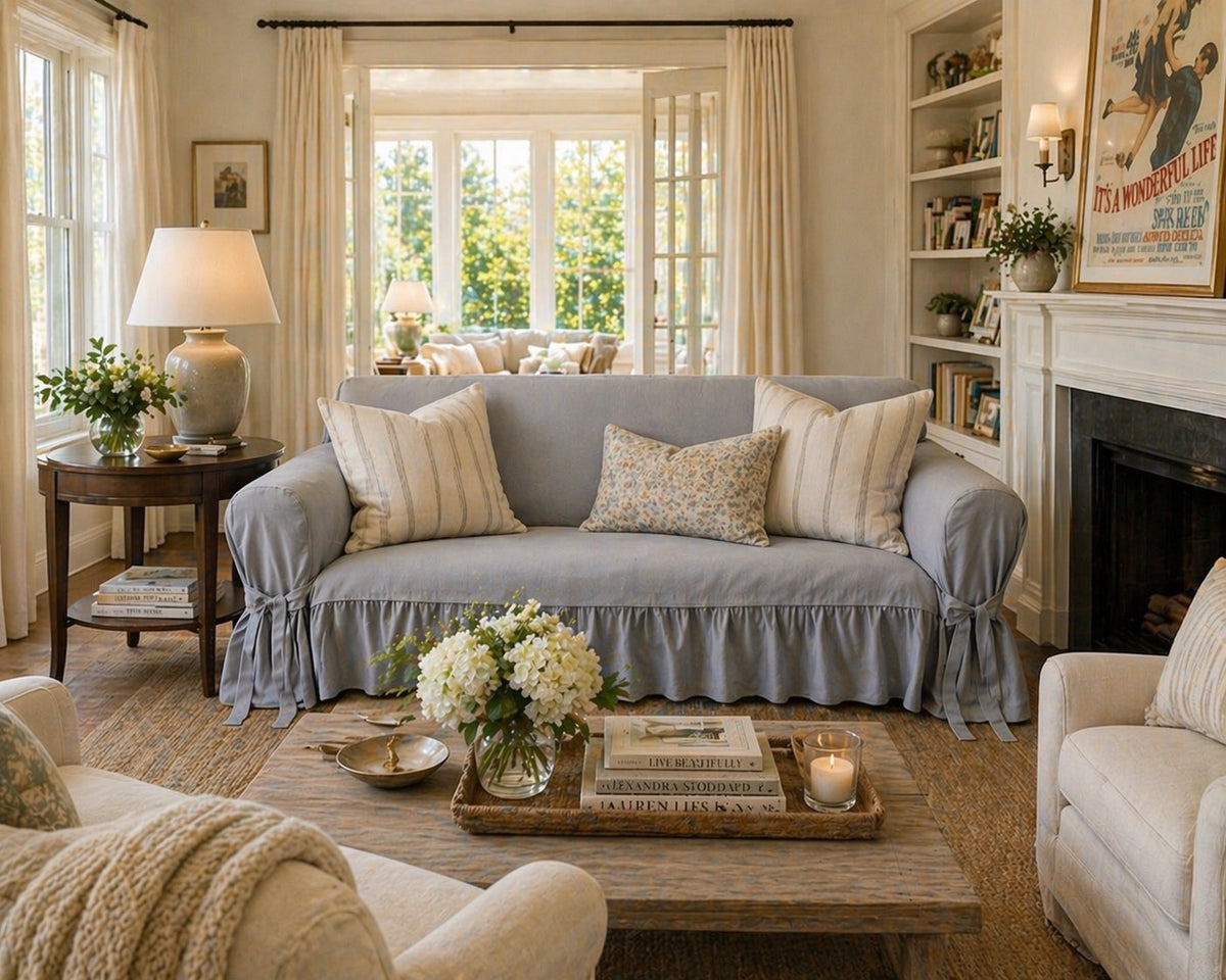 Classic Slipcovers ONE Piece Ruffled Loveseat Slipcover White