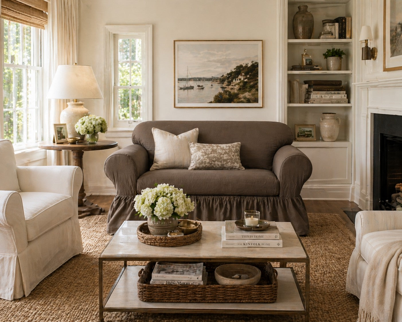 Washed Cotton Duck Ruffled Two-Piece Loveseat Slipcover