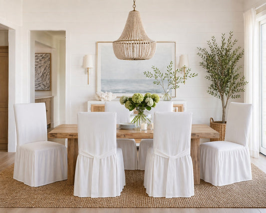 Long Washed Cotton Duck Ruffled Dining Chair Slipcover